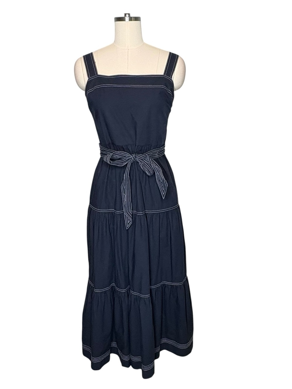 Caroline Constas Navy Blue Tiered Smocked Sleeveless Midi Dress| M